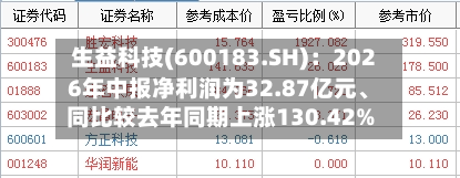 生益科技(600183.SH)：2026年中报净利润为32.87亿元、同比较去年同期上涨130.42%